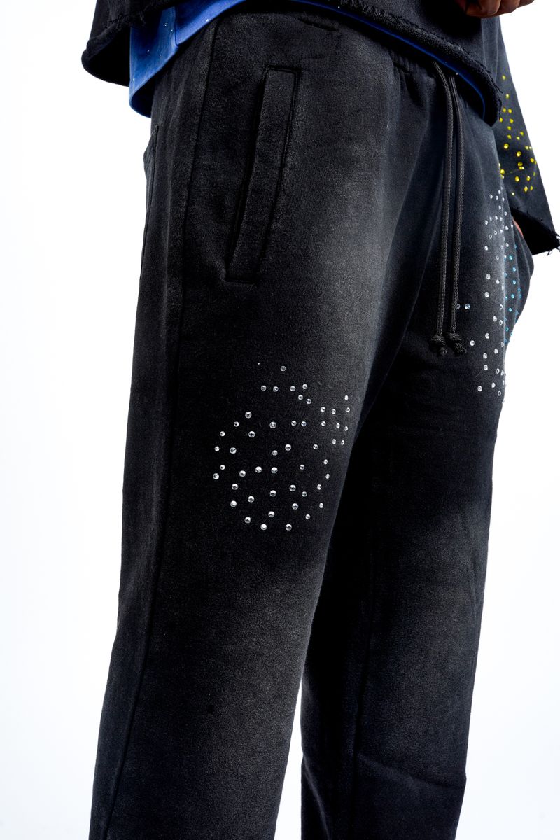 Close-Up View of the Thigh Gems on the Paper Money PAPER SWEATPANTS in Black