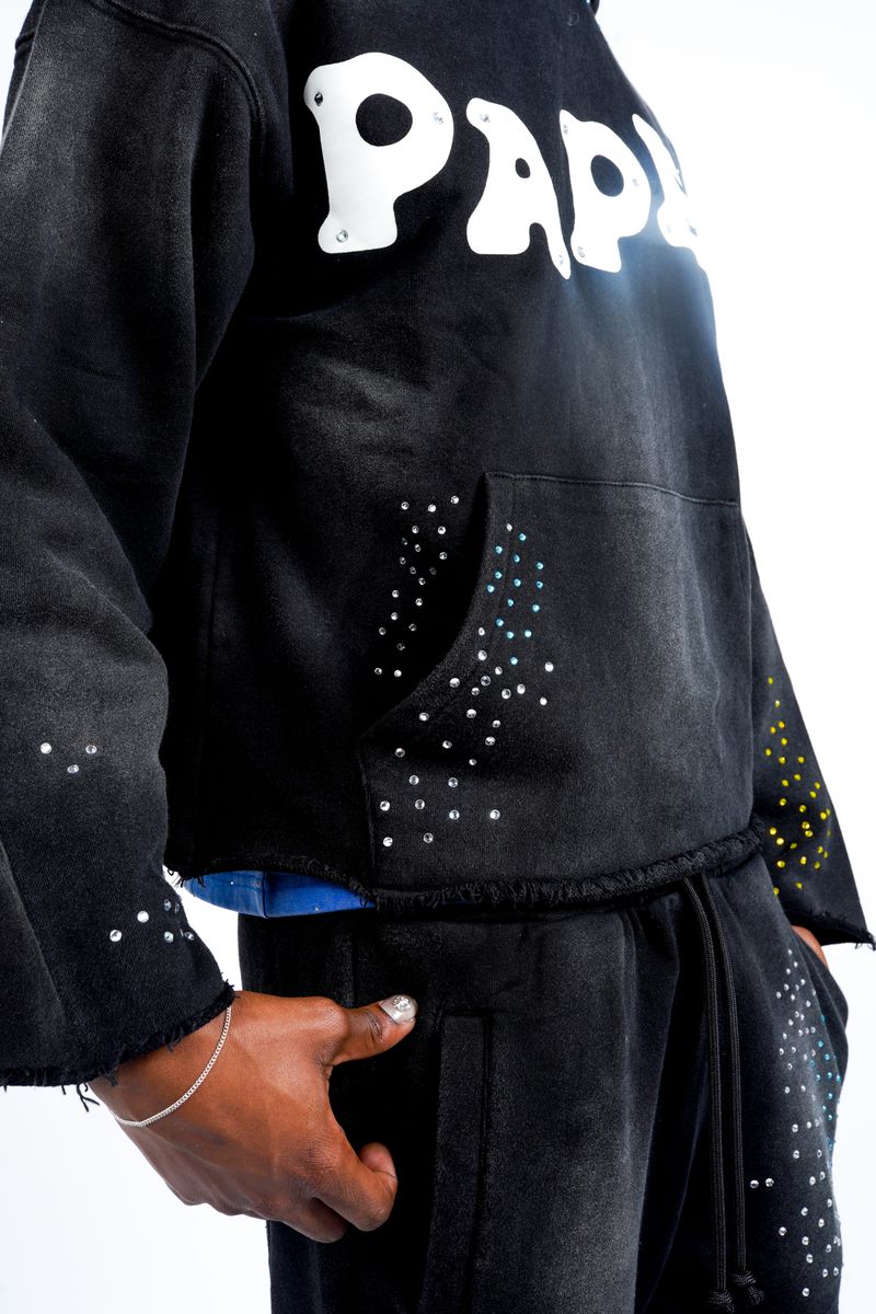 Front Right View of the Paper Money PAPER HOODIE in Black