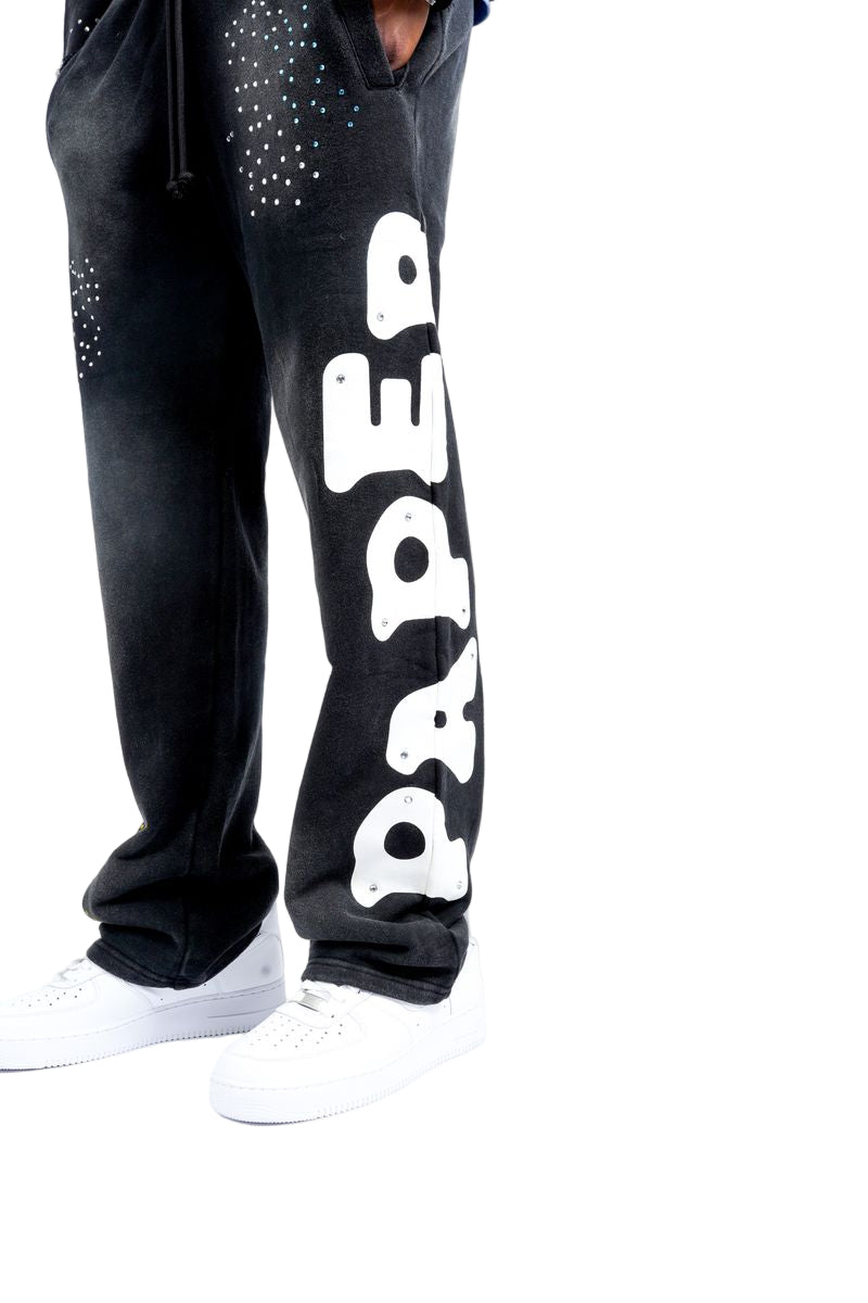 Front Left View of the Paper Money PAPER SWEATPANTS in Black