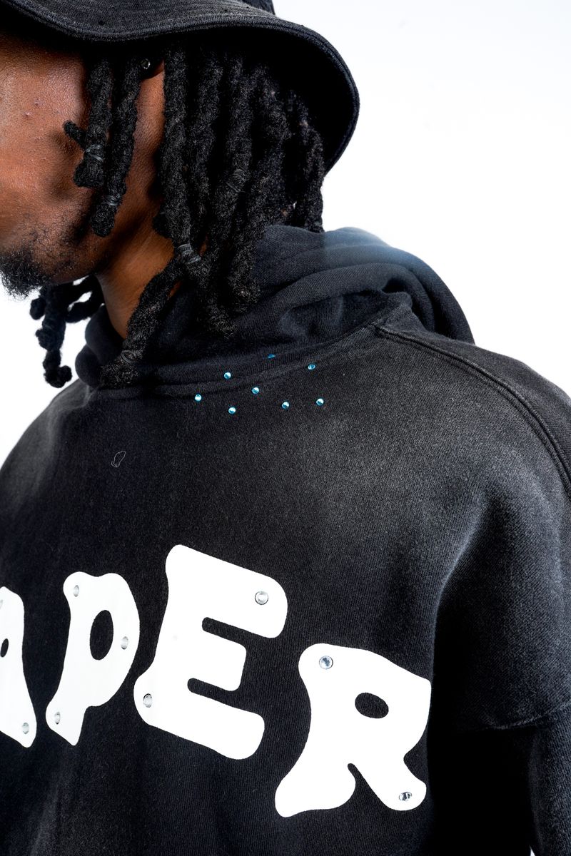 Front Left View of the Paper Money PAPER HOODIE in Black