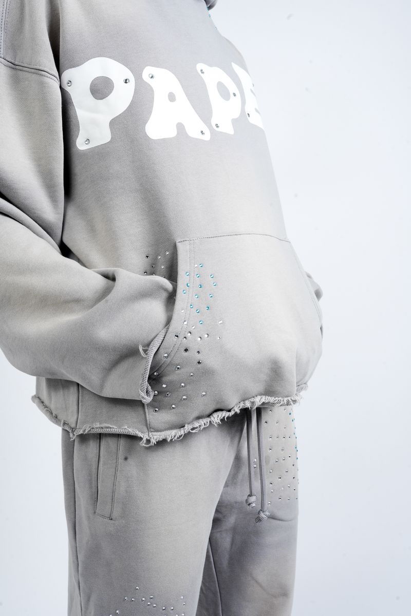 Close-Up View of the Rhinestones on the Paper Money PAPER HOODIE in Grey
