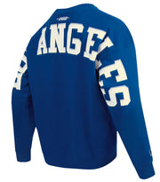 Back Right View of the PRO STANDARD MLB LOS ANGELES DODGERS WINGSPAN MEN'S DROP SHOULDER FLEECE CREWNECK in Blue