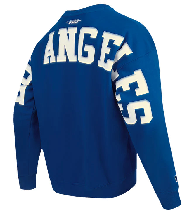 Back Right View of the PRO STANDARD MLB LOS ANGELES DODGERS WINGSPAN MEN'S DROP SHOULDER FLEECE CREWNECK in Blue