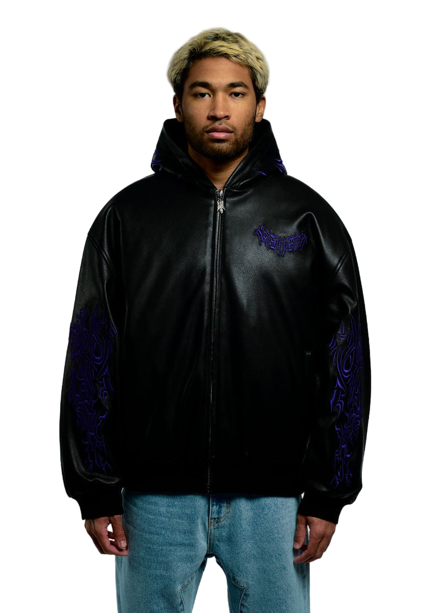 METAL EMBROIDERED LEATHER PADDED BOMBER BLACK/PURPLE-thumbmail-3