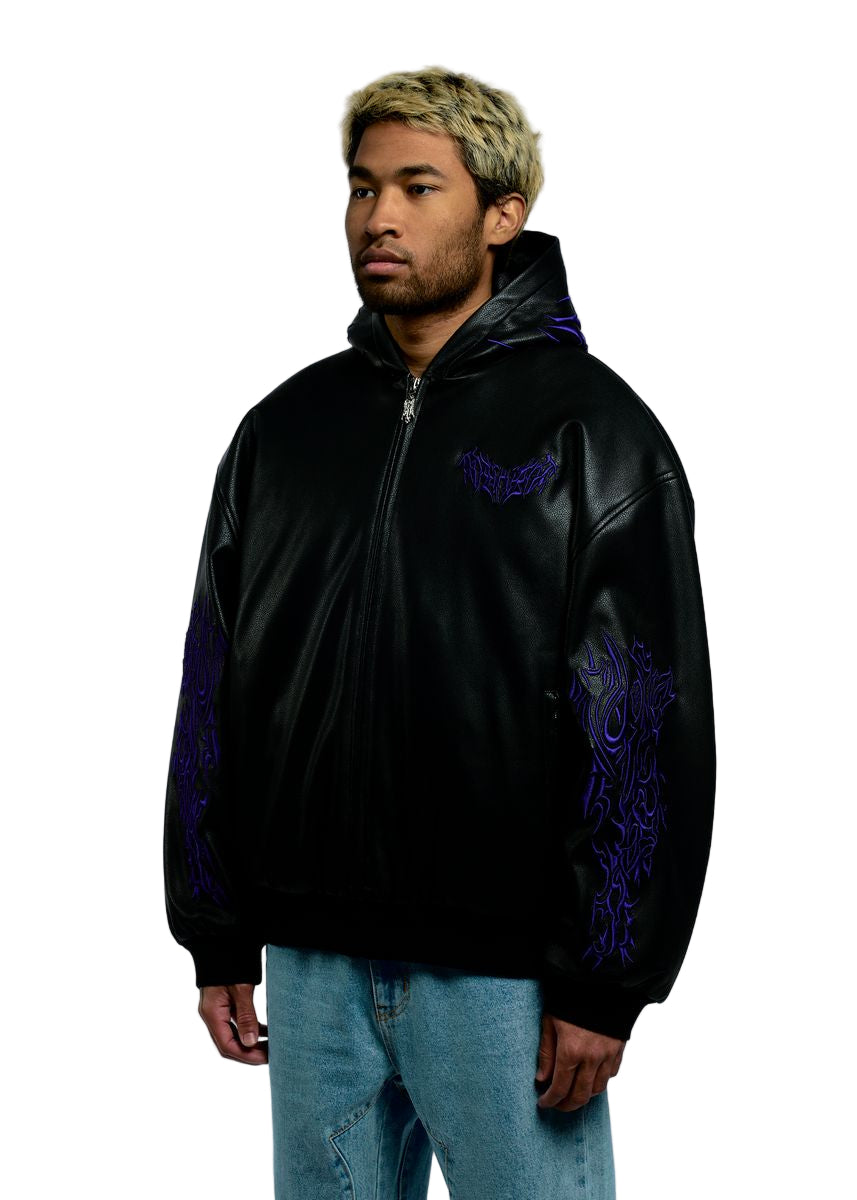 METAL EMBROIDERED LEATHER PADDED BOMBER BLACK/PURPLE