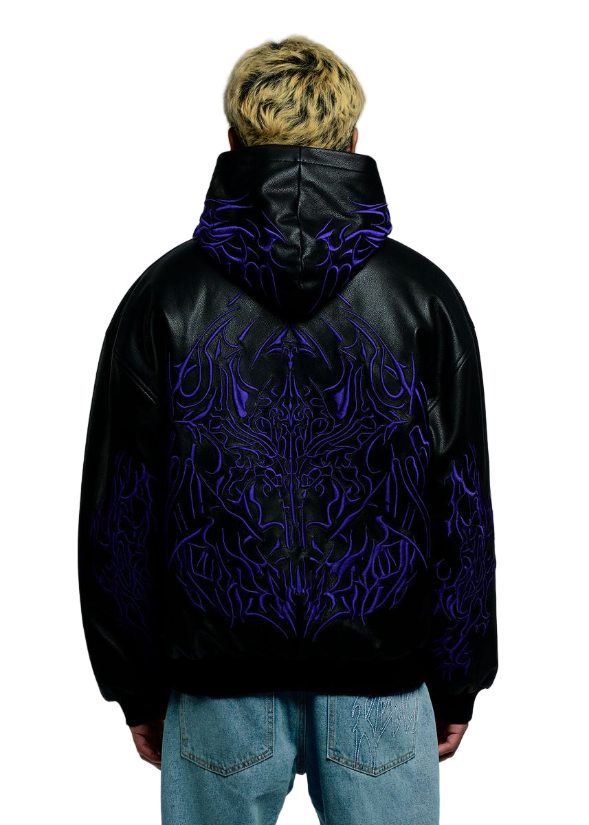 METAL EMBROIDERED LEATHER PADDED BOMBER BLACK/PURPLE
