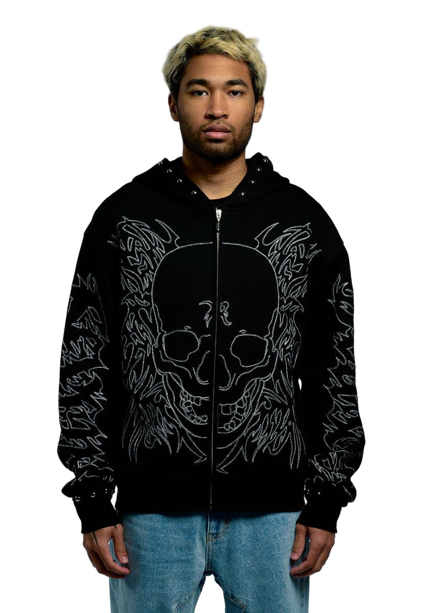 TRIBAL SKULL STUDDED ZIP BLACK/SILVER