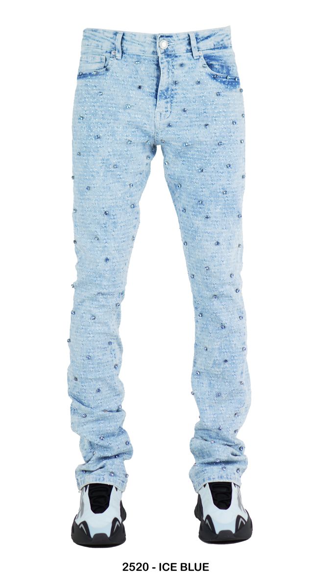 Laser Rip All over Rhinestone Stud Stacked Denim