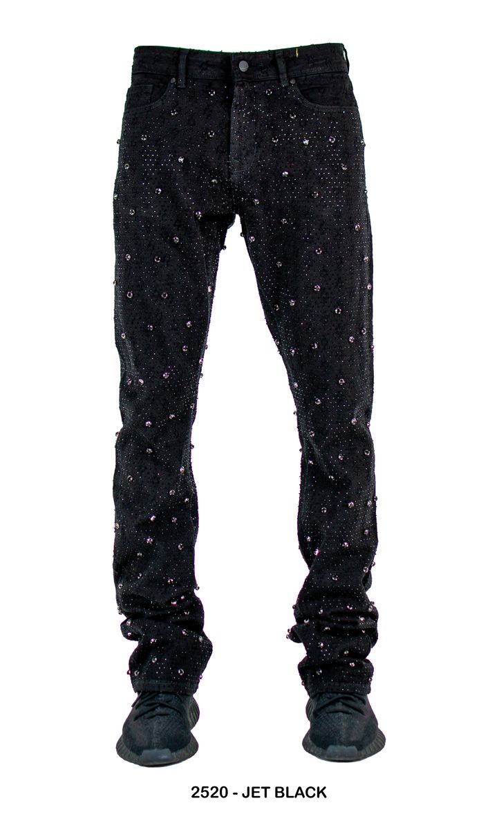 Laser Rip All over Rhinestone Stud Stacked Denim