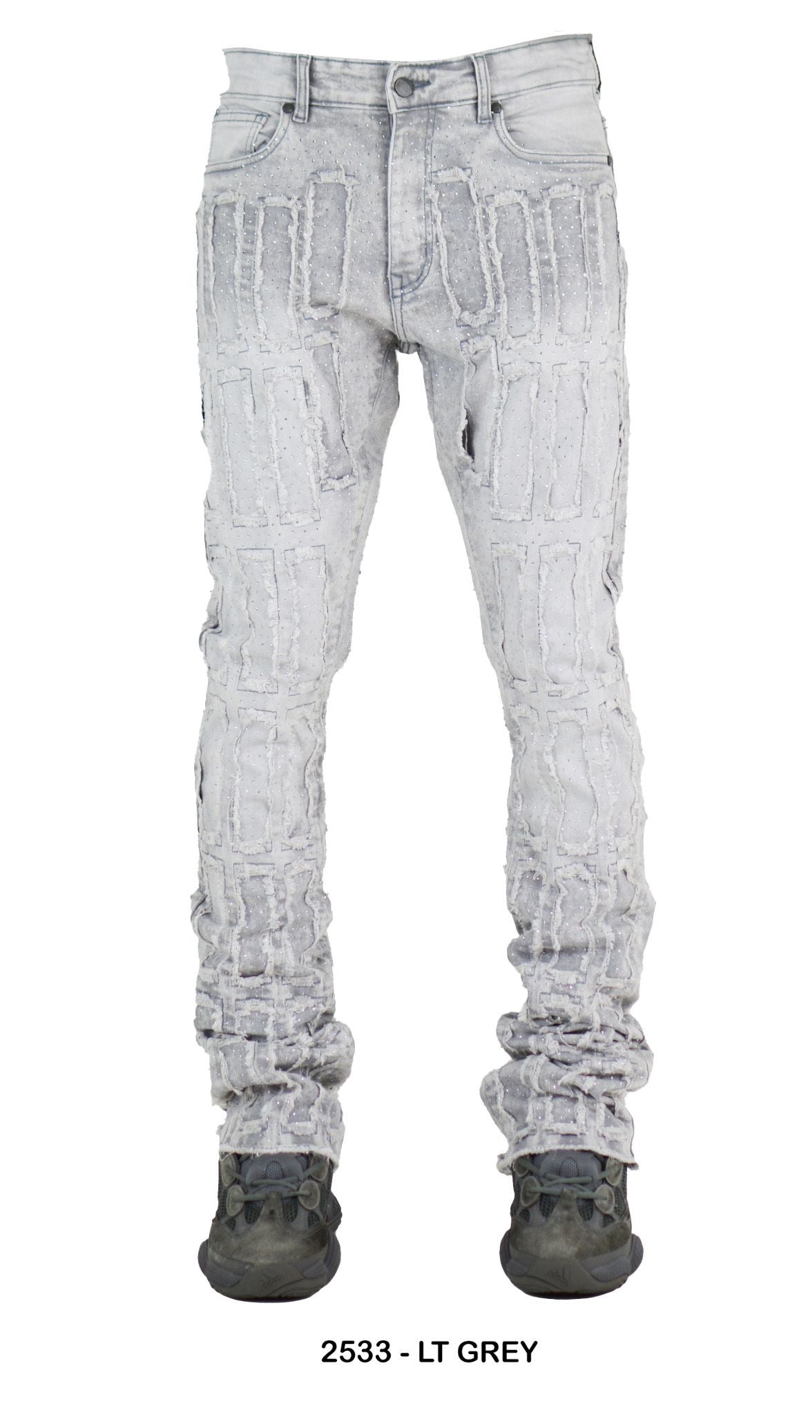 Multi Layer All over Rhinestone Stacked Denim Lt Grey