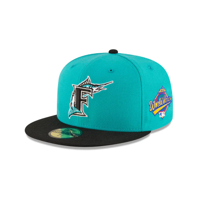 Front Left View of the Florida Marlins World Series Teal Wool 59FIFTY Fitted
