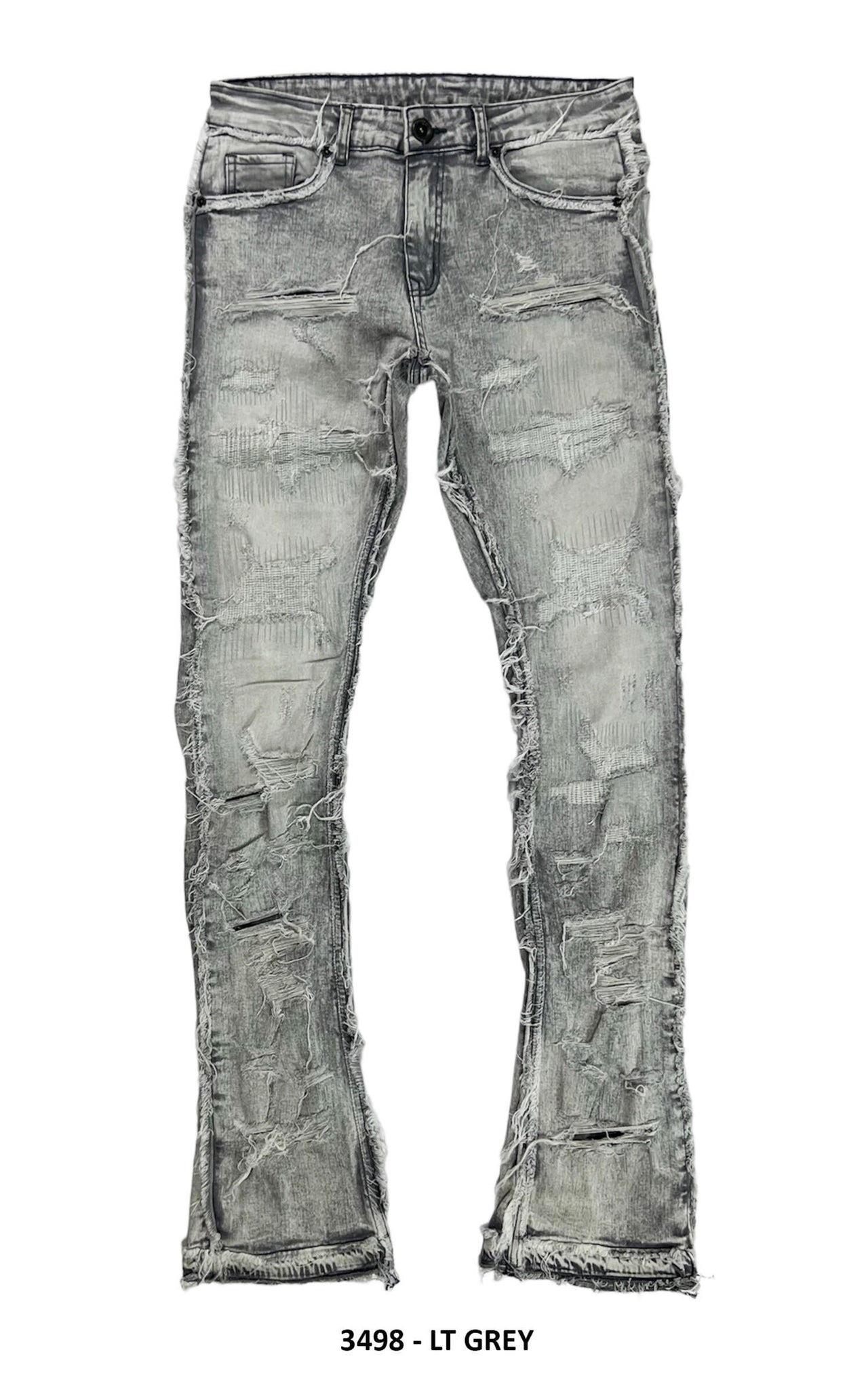 DISTRESSED FRAYED EMB STACKED DENIM