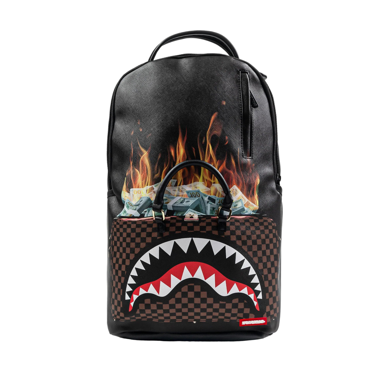 Front View of the Sprayground Bag Of Money On Fire Backpack
