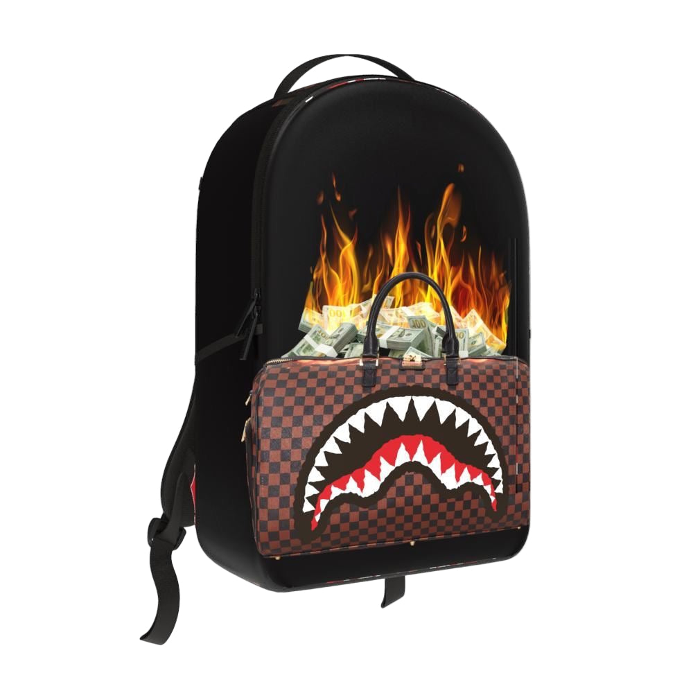 Front Right View of the Sprayground Bag Of Money On Fire Backpack