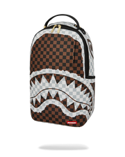 Front Left View of the Sprayground Cream And Brown Tear Check Backpack