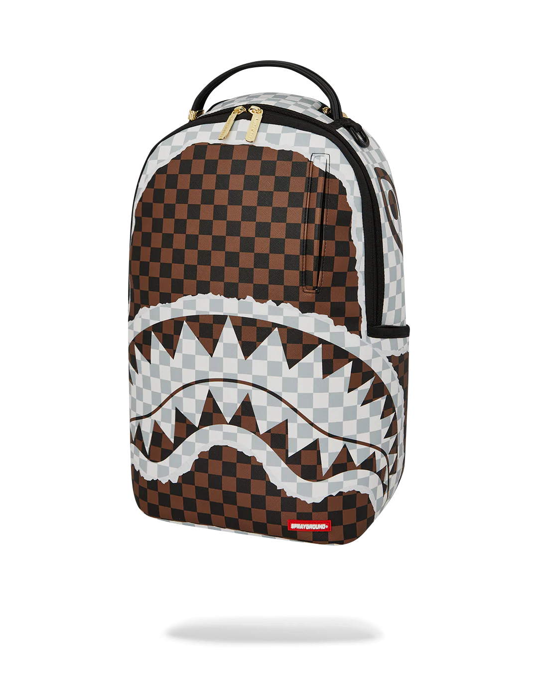 Front Left View of the Sprayground Cream And Brown Tear Check Backpack