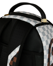 Close-Up Top View of the Sprayground Cream And Brown Tear Check Backpack