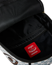 Zipped Open View of the Sprayground Cream And Brown Tear Check Backpack