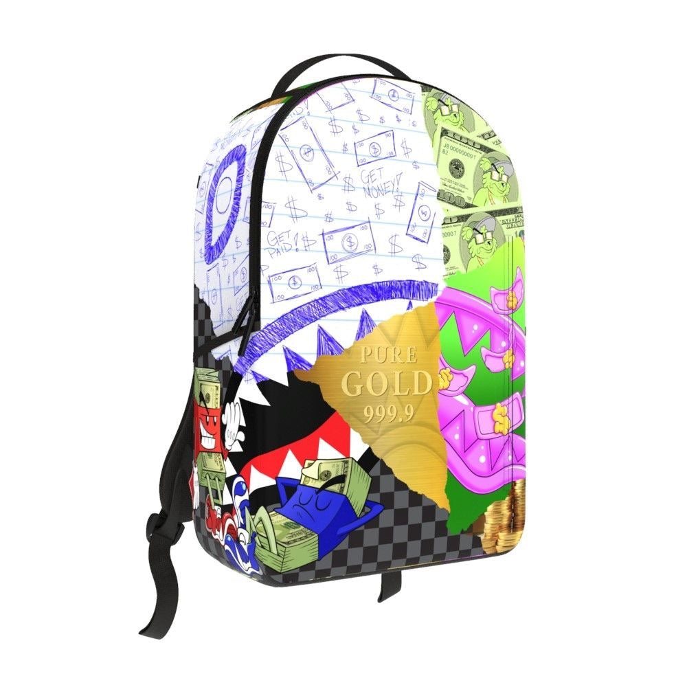 Front Right View of the Sprayground Mean Money Collage Backpack