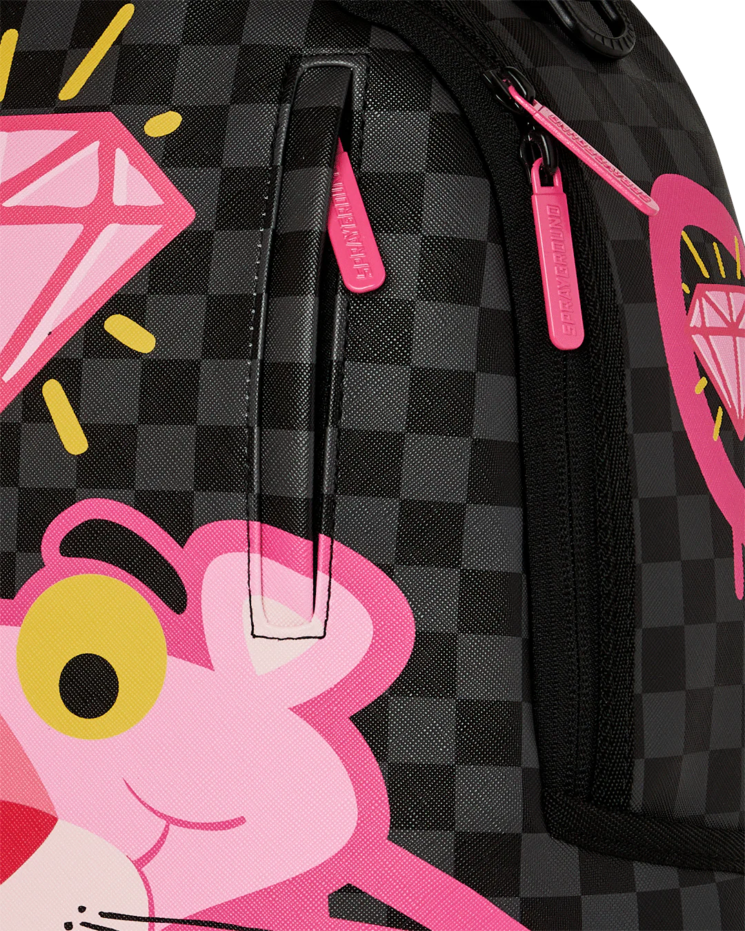 Close Up Zipper View of the Sprayground Pink Panther Backpack