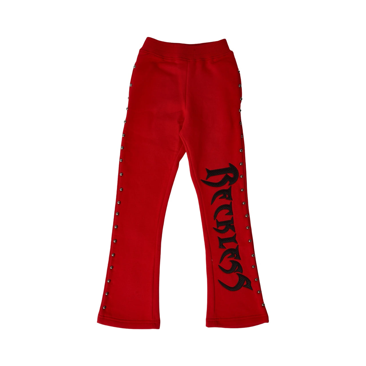 "RECKLESS" STUD STACKED JOGGERS RED