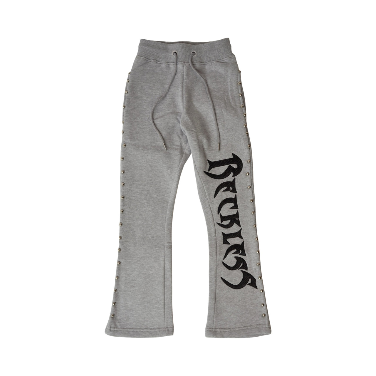 "RECKLESS" STUD STACKED JOGGERS GREY