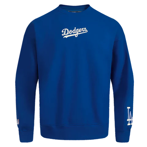 Front View of the PRO STANDARD MLB LOS ANGELES DODGERS WINGSPAN MEN'S DROP SHOULDER FLEECE CREWNECK in Blue