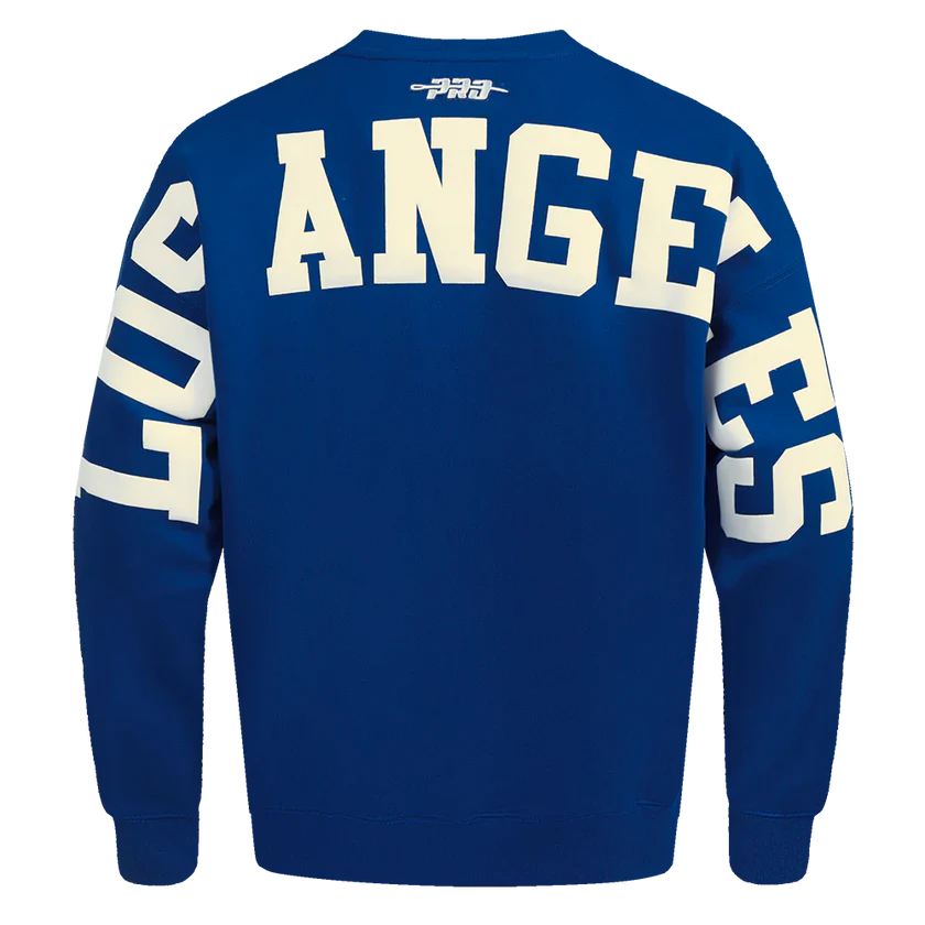 Back View of the PRO STANDARD MLB LOS ANGELES DODGERS WINGSPAN MEN'S DROP SHOULDER FLEECE CREWNECK in Blue