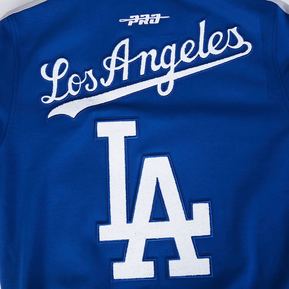 Back View of the Logos on the LOS ANGELES DODGERS MEN'S JACKET PRO GAME DAY JACKET in blue