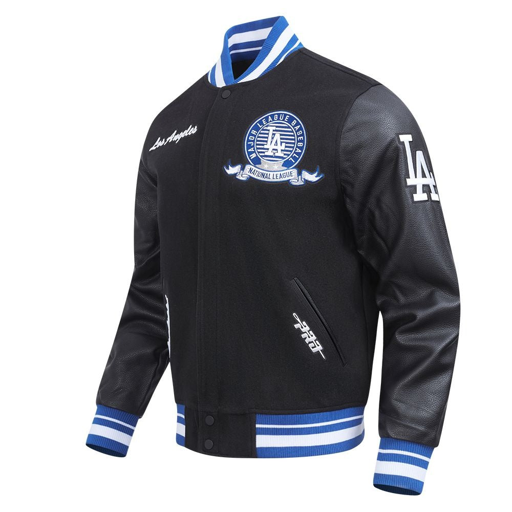 Front Right View of the LOS ANGELES DODGERS MEN'S VARSITY JACKET TEAM BADGE in Black