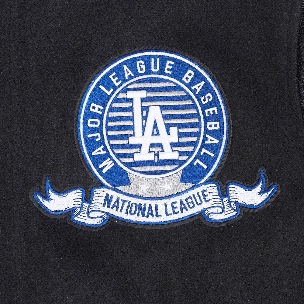 Close-Up View of the Dodgers National League Patch on the LOS ANGELES DODGERS MEN'S VARSITY JACKET TEAM BADGE in Black
