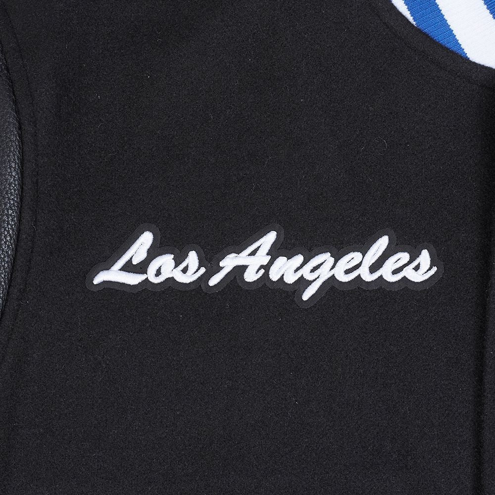 Los Angeles Cursive Script View of the LOS ANGELES DODGERS MEN'S VARSITY JACKET TEAM BADGE in Black