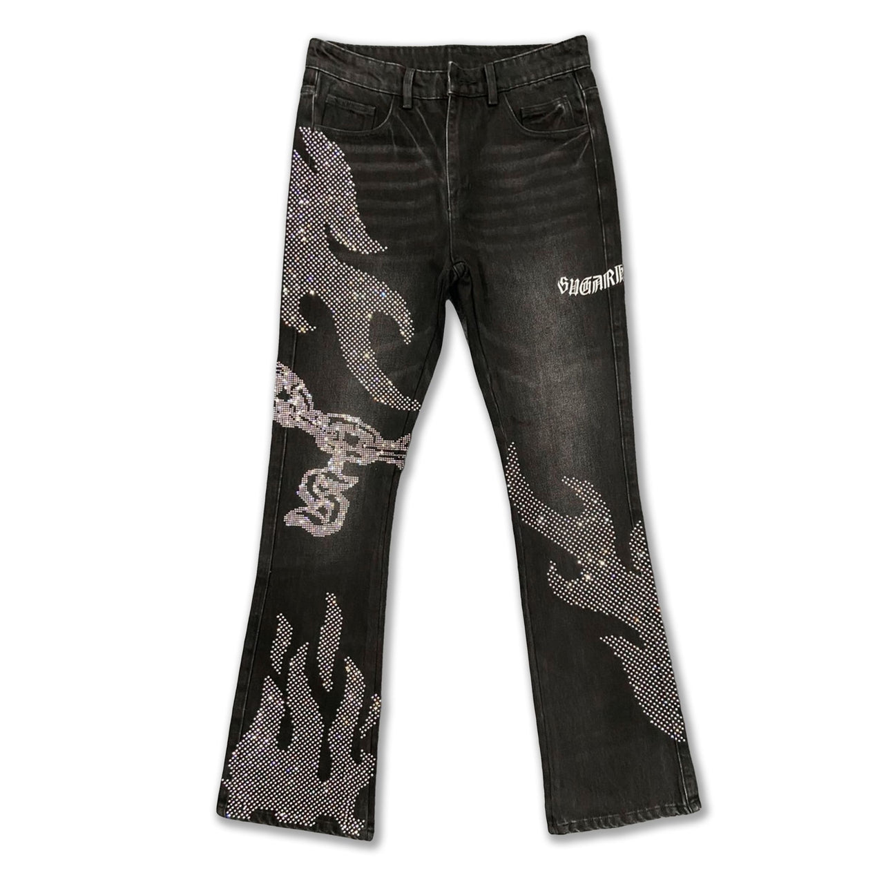 "BURN PIT" RHINESTONE STACKED JEANS (BLACK)