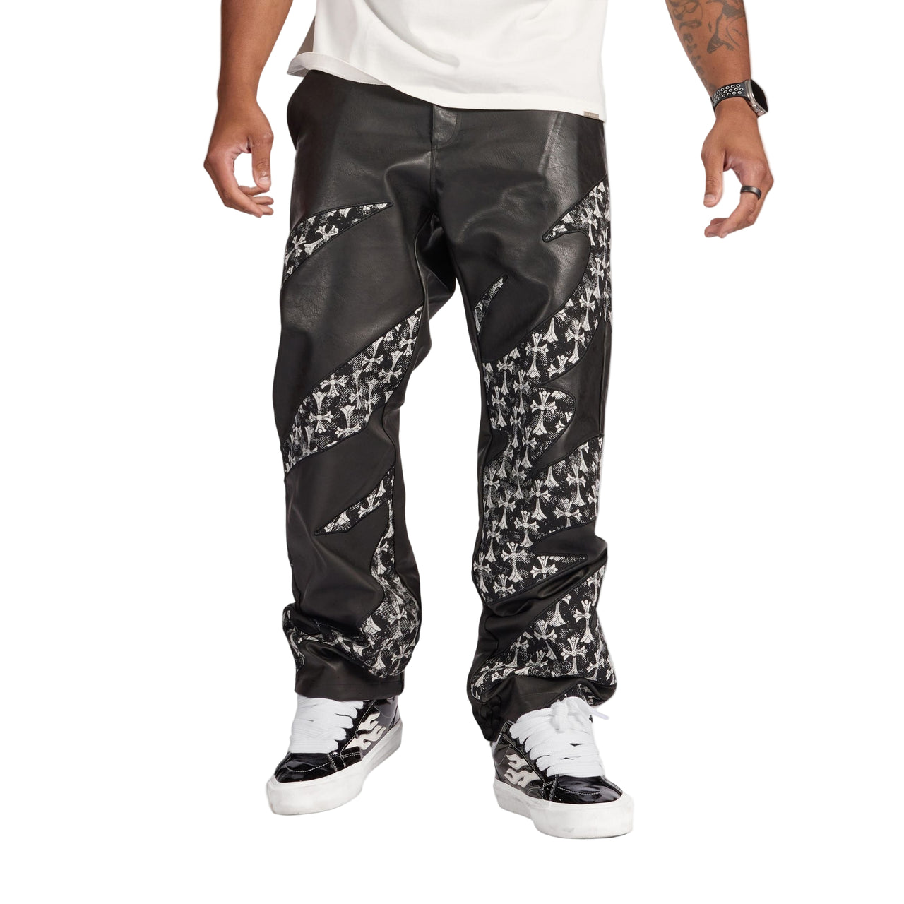 "SABOTAGE" LEATHER PANTS (BLACK CROSSES)
