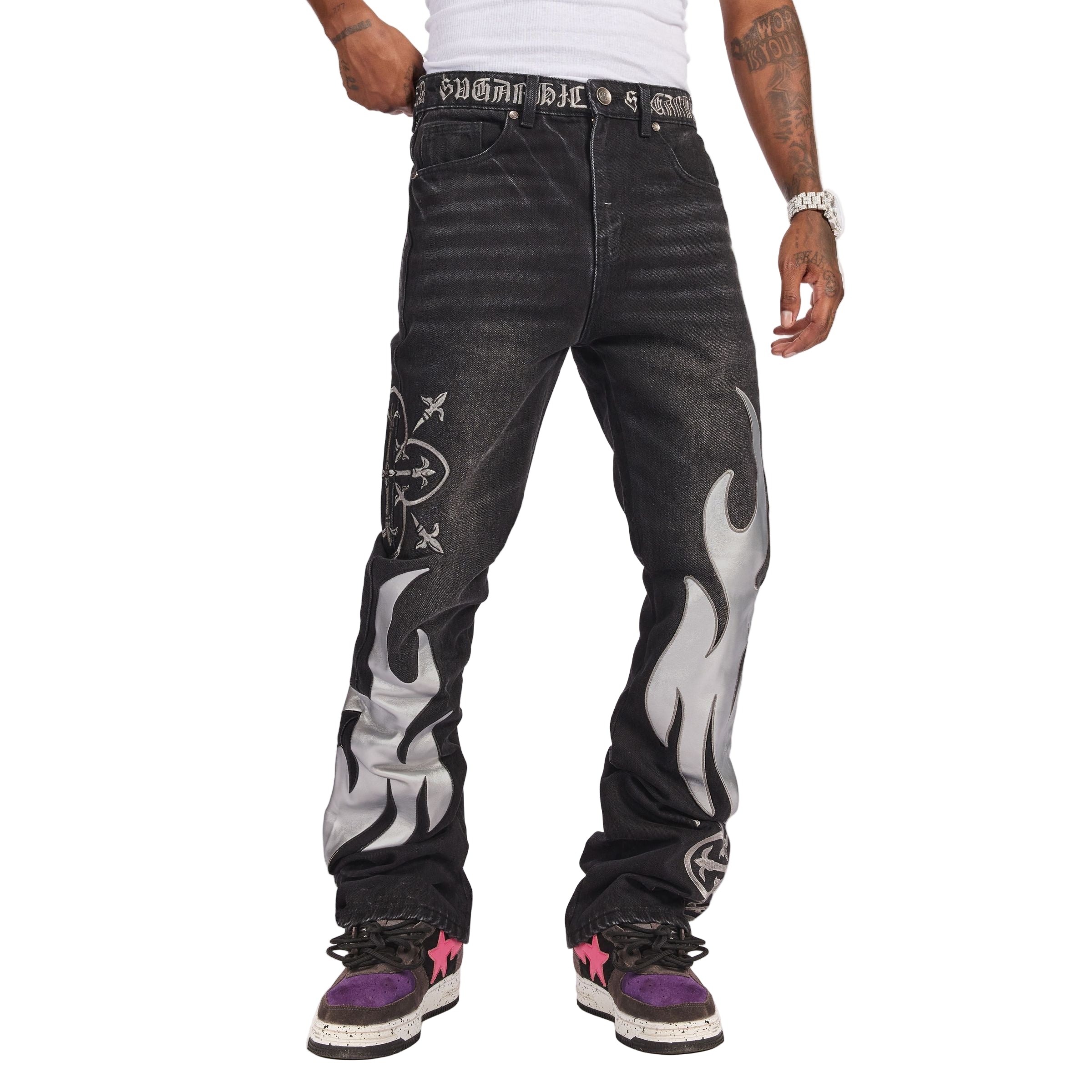 "LIVER" STACKED JEANS (BLACK/GRAY LEATHER)