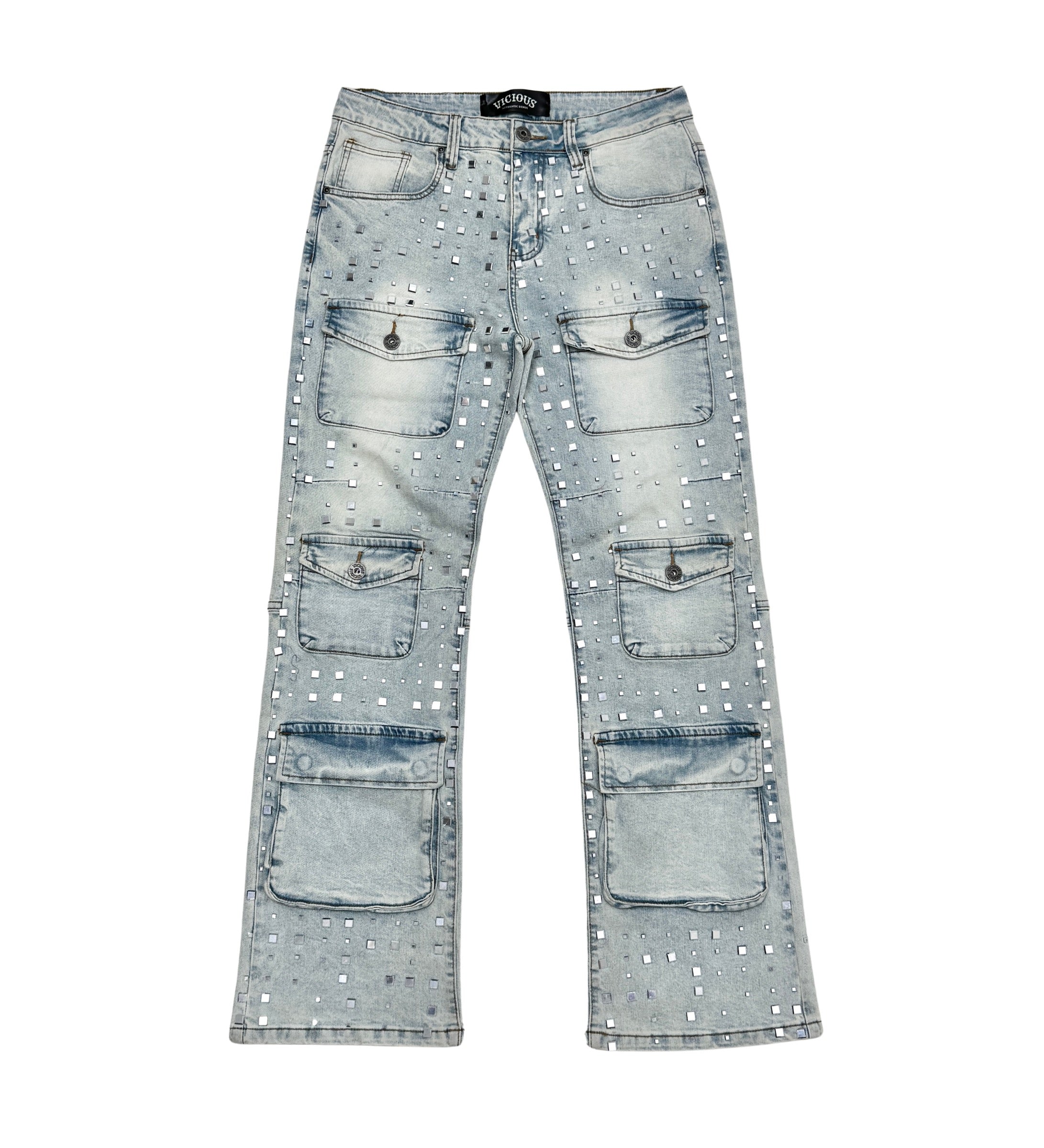 SILVER STUDDED MULTI FRONT POCKET RELAXED STRAIGHT DENIM