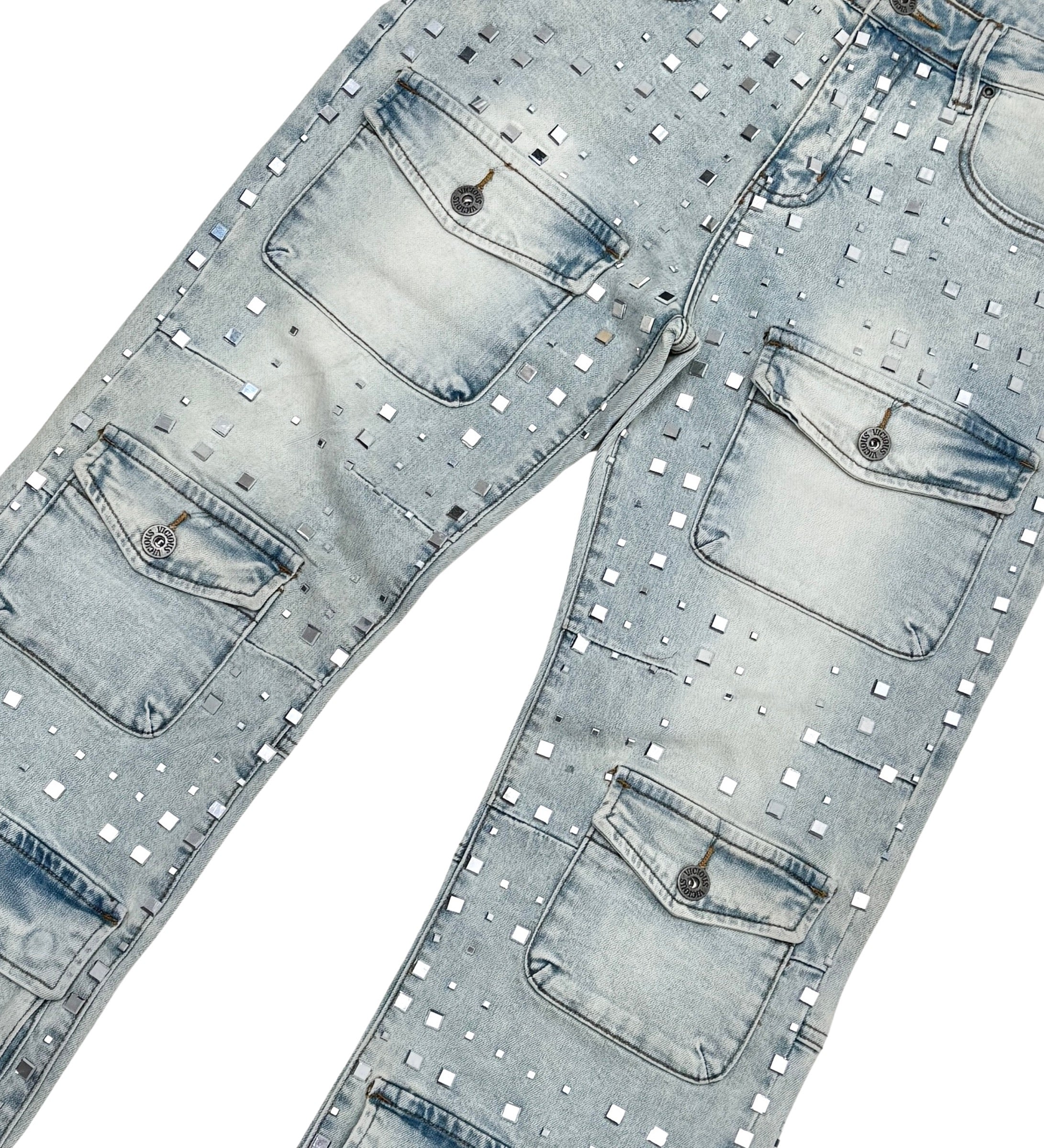 SILVER STUDDED MULTI FRONT POCKET RELAXED STRAIGHT DENIM