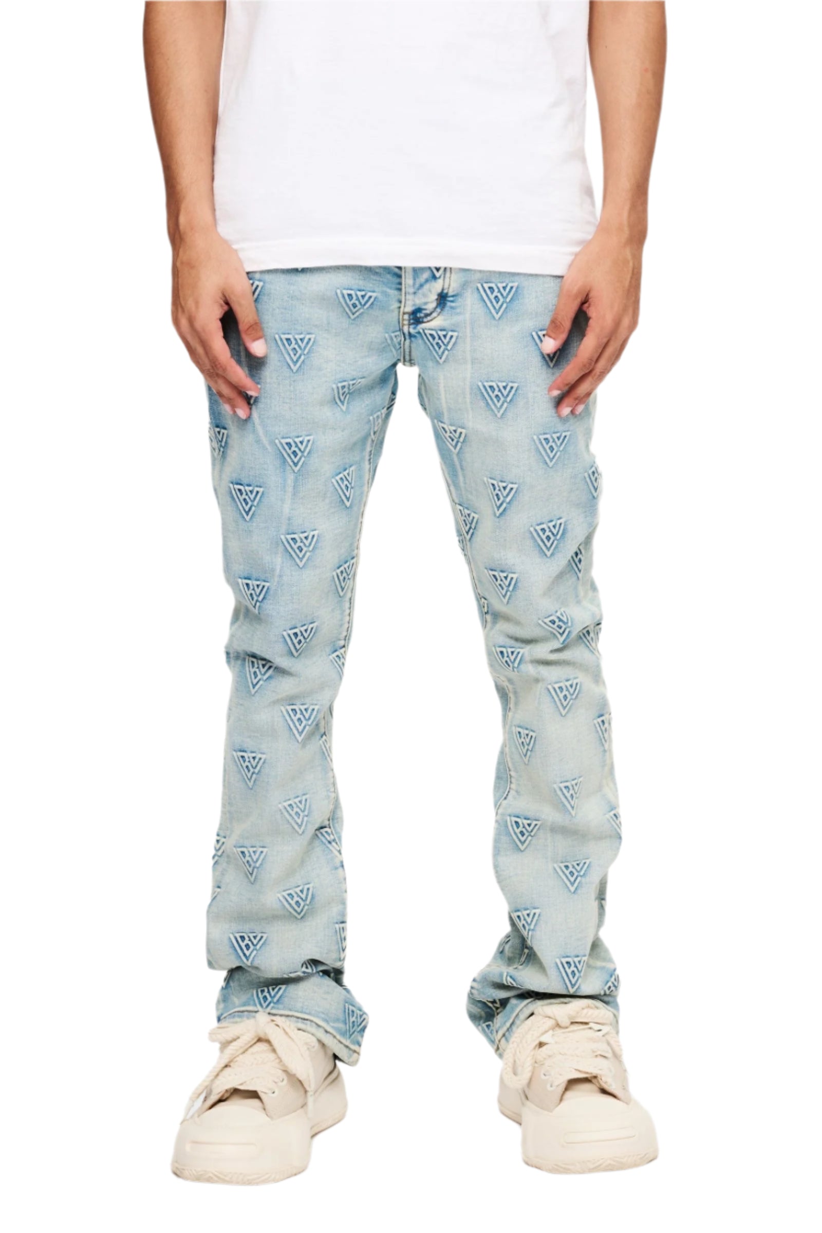 Tagged Stacked Flare Jean Blue Washed