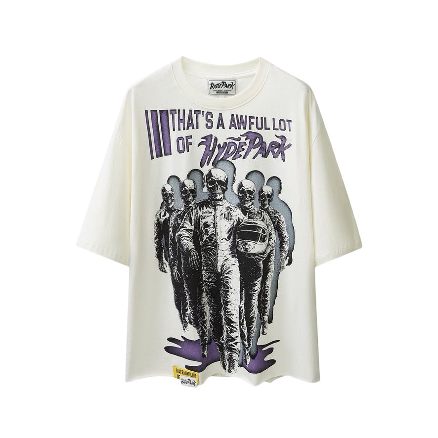 Front View of the Awful Lot Of Cough Syrup x Hyde Park Moto Racer Team T-Shirt in White