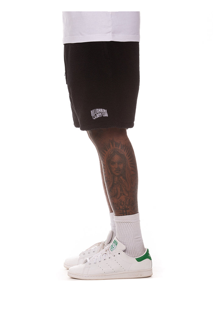 Left side view of BB script logo on BB Comfy Cloud Shorts - Men's Shorts
