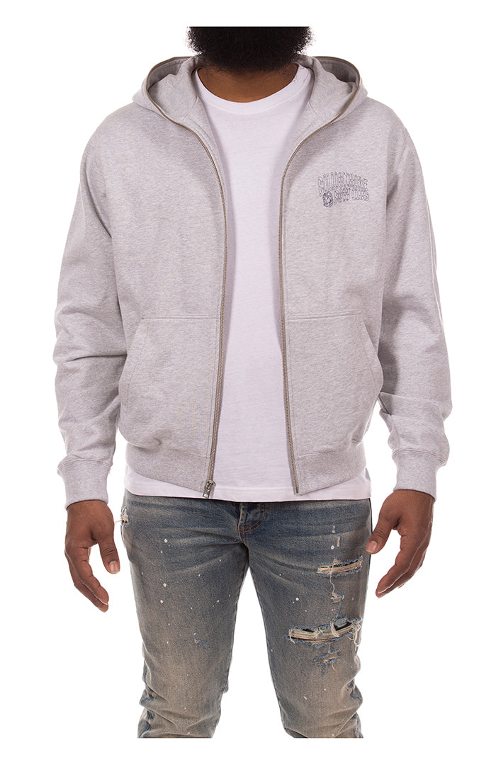 Front View of the Billionaire Boys Club Small Curve Zip Hoodie in heather grey