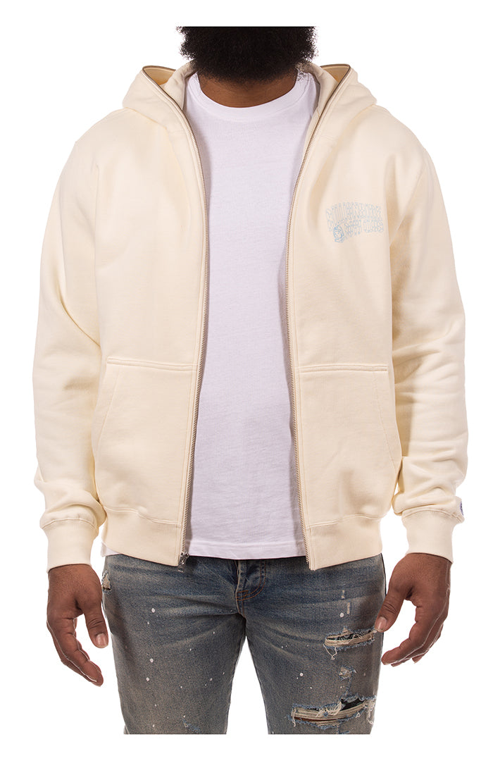 Front View of the Billionaire Boys Club BB Small Curve Zip Hoodie in winter white