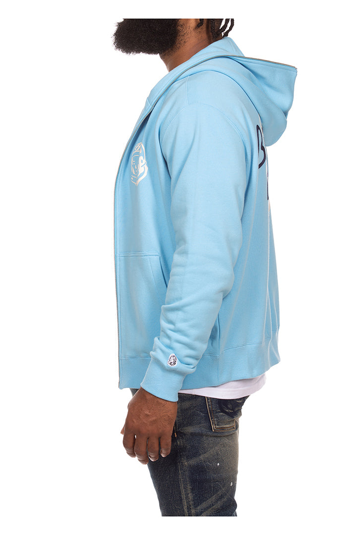 Left Side View of the Billionaire Boys Club Zip Helmet Hoodie in Baltic Sea