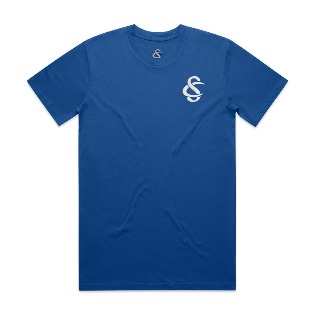 Front View of the Creative Soul Stacked Logo T-Shirt in Blue