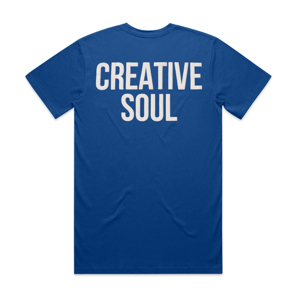 Back View of the Creative Soul Stacked Logo T-Shirt in Blue