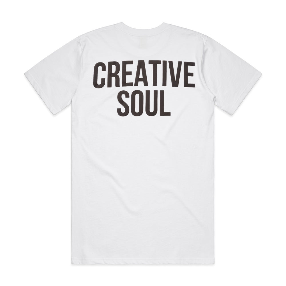 Back View of the Creative Soul Stacked Logo T-Shirt in white
