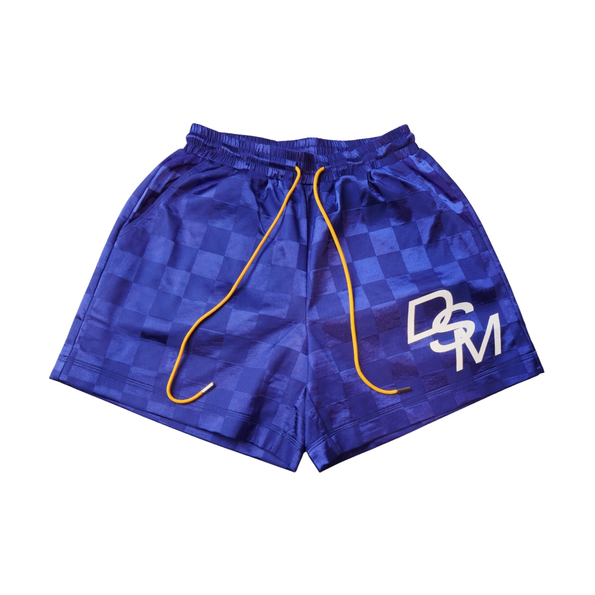 Front View of the Diet Starts Monday Checkered Nylon Shorts in Blue