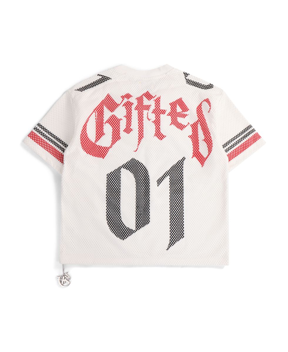 Back View of the No Mercy White Jersey by GFTD LA