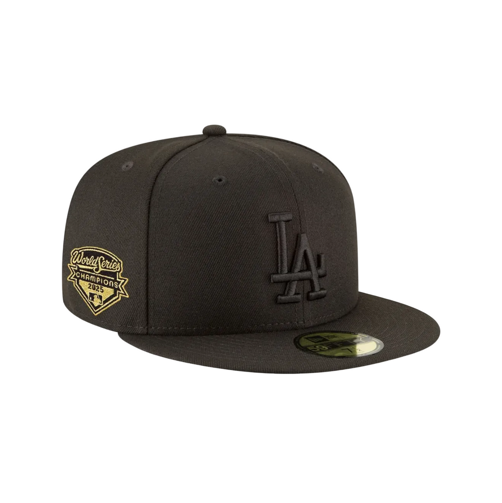 Front Right View of the New Era Dodgers 2025 World Series Champions Black on Black 59FIFTY Fitted