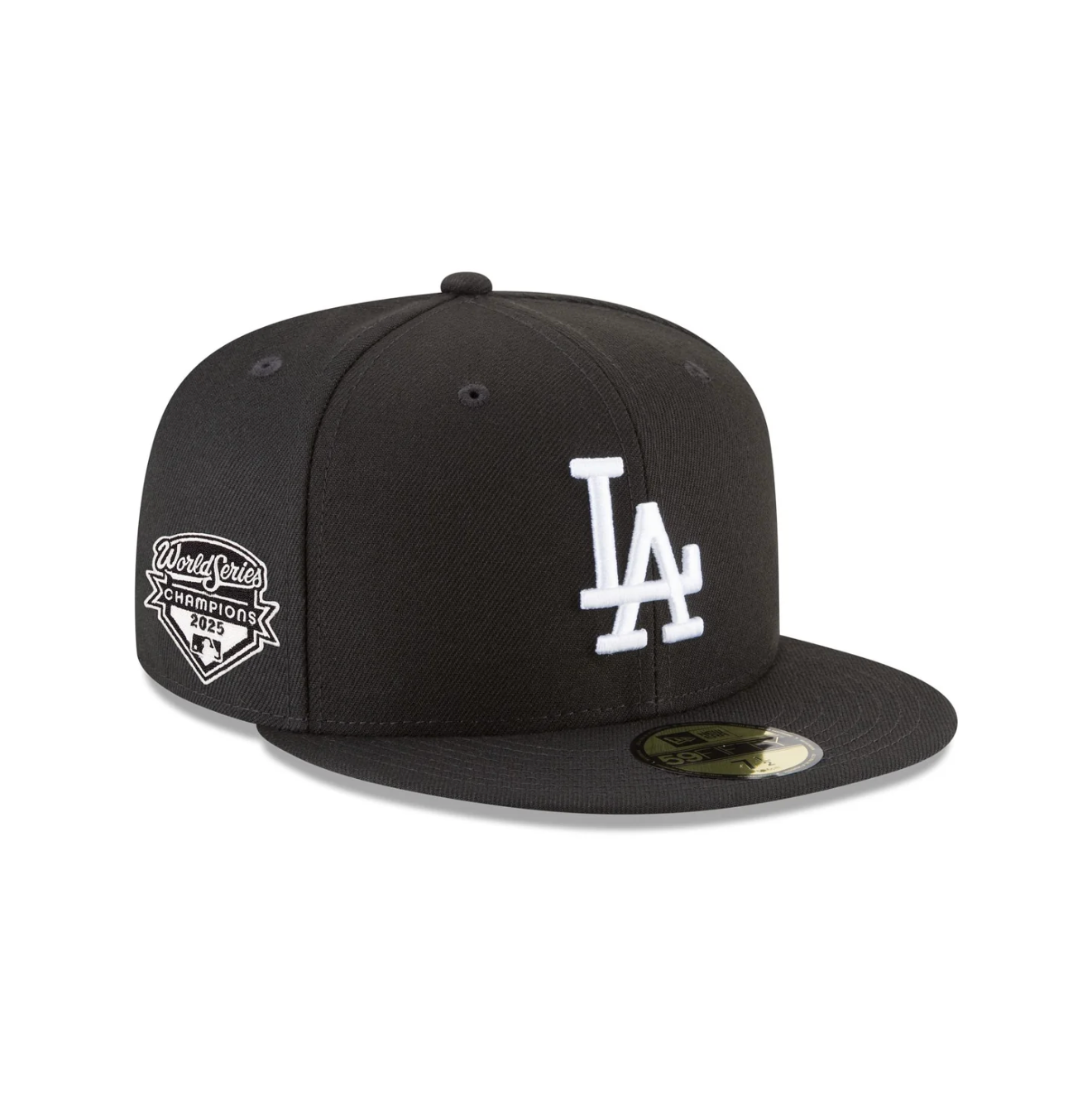 Front Right View of the New Era Dodgers 2025 World Series Champions Black & White 59FIFTY Fitted